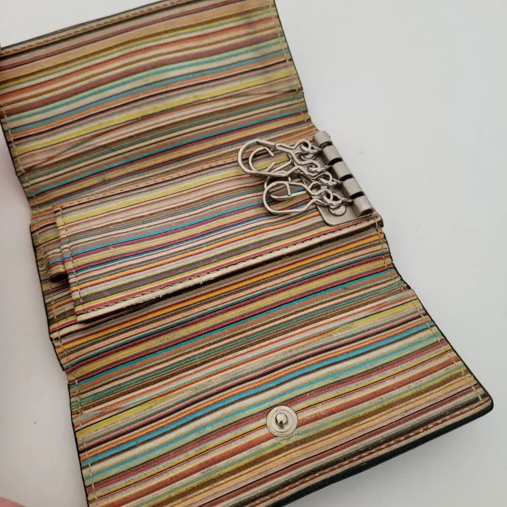 Paul Smith 4-Key Hooks Holder Case Wallet Logo Black Striped Charm Trifold Small